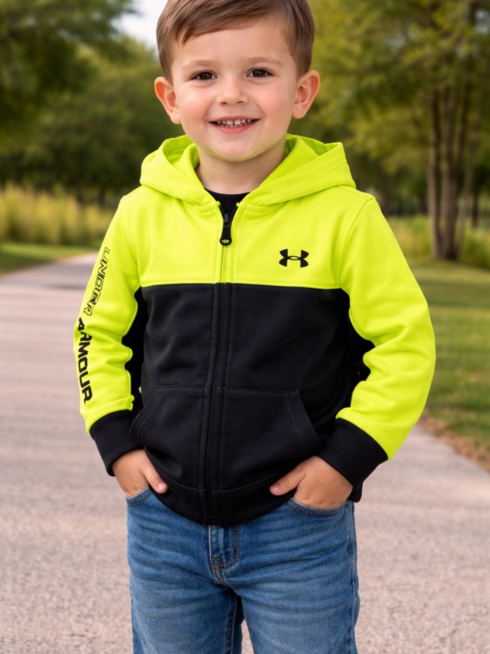 Under Armour Neon Yellow and Black Kids' Hooded Zip Jacket
